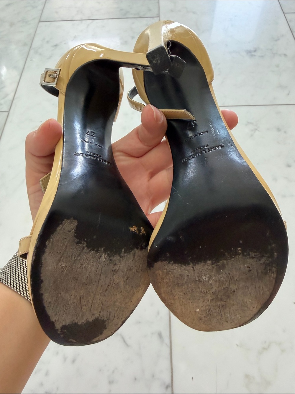 Saint Laurent Beige Patent Leather Ankle-Strap Heels - Picture 8 of 9